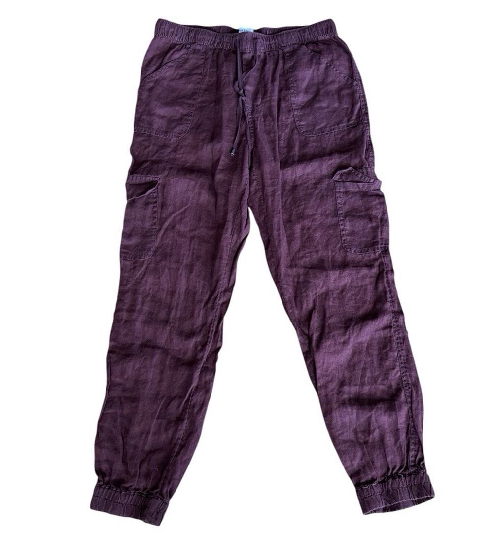 Nicole Miller NY 100% Linen Cargo Jogger Pants Maroon Burgundy Sz L Boho Earthy